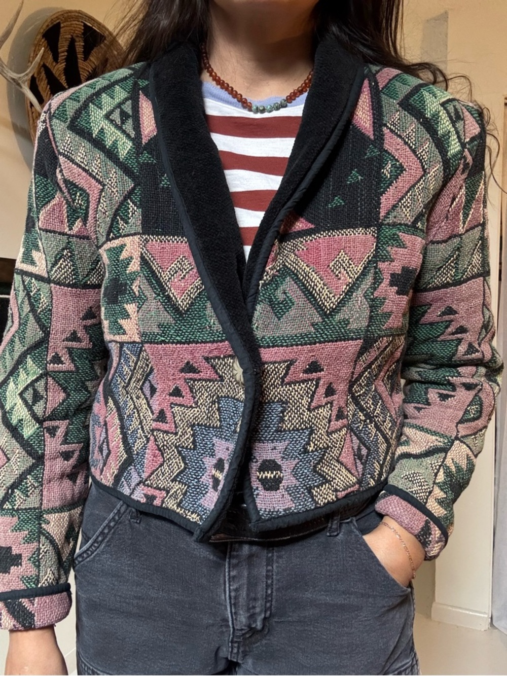 Woven Aztec Crop Jacket in Pink & Green